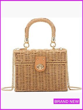 Handwoven Rattan Crossbody Bag Square Woven Straw Purse Vintage Beach Tote